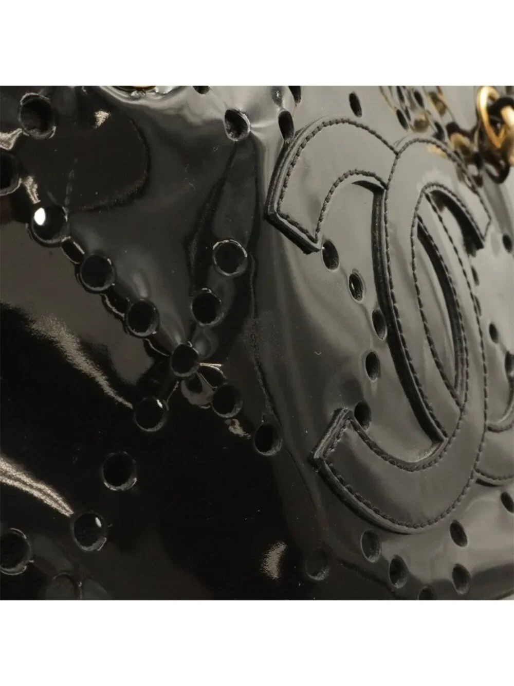 Chanel CC Logo Perforated Chain Tote Shoulder Bag Enamel Patent Leather Black